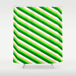 [ Thumbnail: Vibrant Orange, Pale Goldenrod, Lime, Green, and White Colored Stripes/Lines Pattern Shower Curtain ]