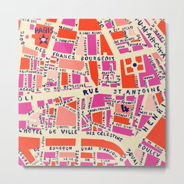 paris map pink Metal Print | Ink Pen, French, City, Drawing, Street, Curated, Paris, Graphic Design, France, Map 
