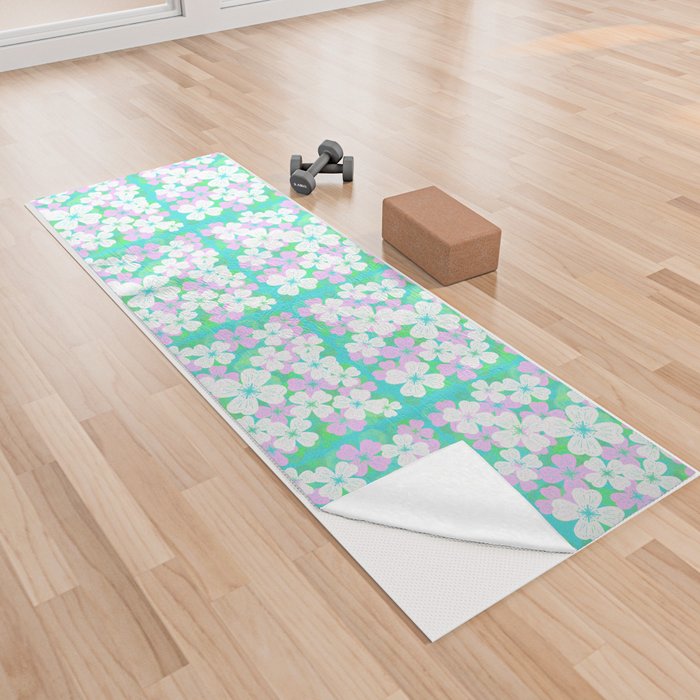 Retro Desert Flowers Pink and Turquoise Pattern Yoga Towel