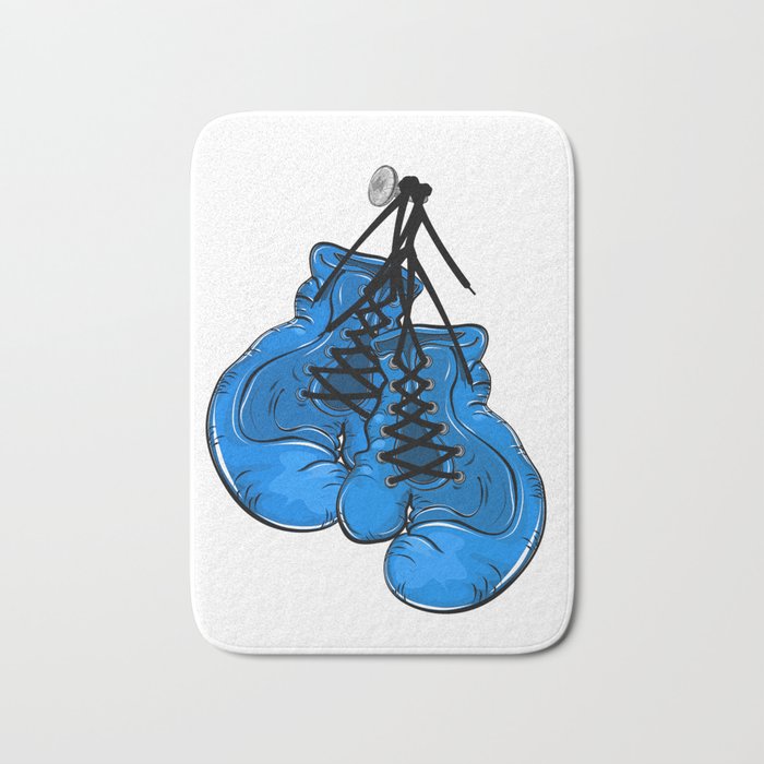 Blue boxing gloves hanging on a nail Bath Mat