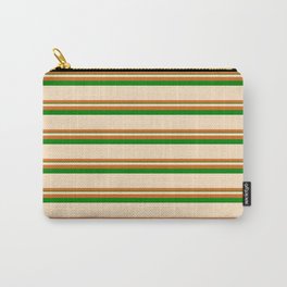 [ Thumbnail: Bisque, Chocolate, and Green Colored Striped Pattern Carry-All Pouch ]