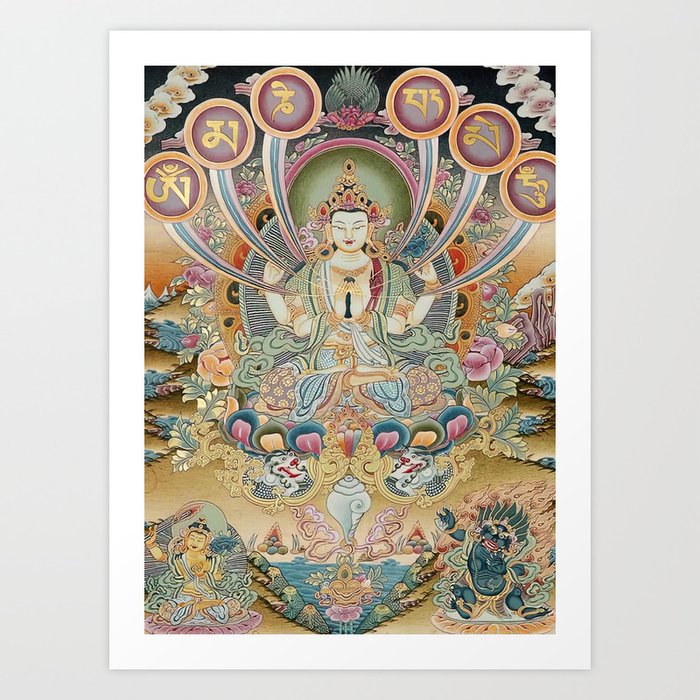 The Patron Deity of Om Mani Padme Hum Tibetan Thangka Art Print