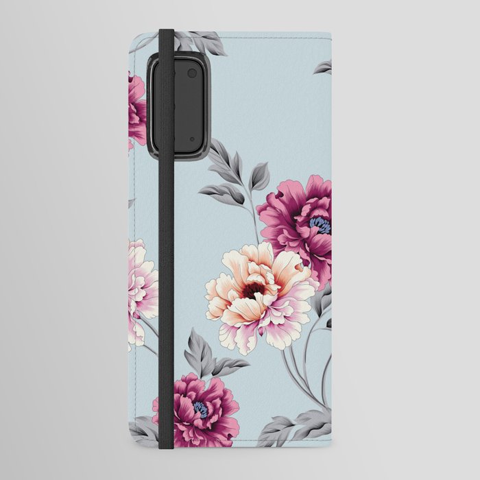 violet and yellow flowers with leaves pattern on blue background Android Wallet Case