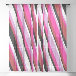 [ Thumbnail: Eyecatching Plum, Deep Pink, Red, Black & White Colored Lined/Striped Pattern Sheer Curtain ]