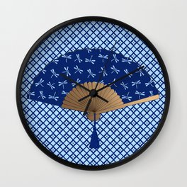 Japanese Fan, Dragonfly Pattern, Cobalt Blue Wall Clock