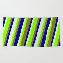 [ Thumbnail: Chartreuse, Green, Dark Blue & Lavender Colored Stripes/Lines Pattern Beach Towel ]