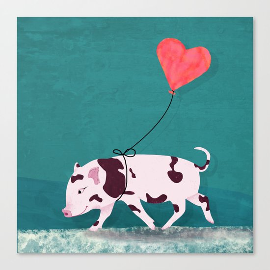 Baby Pig With Heart Balloon Canvas Print