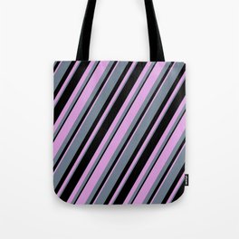 [ Thumbnail: Plum, Slate Gray, and Black Colored Lines Pattern Tote Bag ]