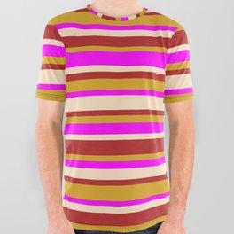 [ Thumbnail: Fuchsia, Bisque, Red, and Goldenrod Colored Lined Pattern All Over Graphic Tee ]