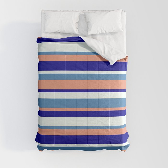 Blue, Dark Salmon, Dark Blue & Mint Cream Colored Stripes Pattern Comforter