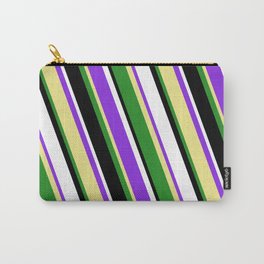 [ Thumbnail: Purple, Tan, Forest Green, Black, and White Colored Lined/Striped Pattern Carry-All Pouch ]
