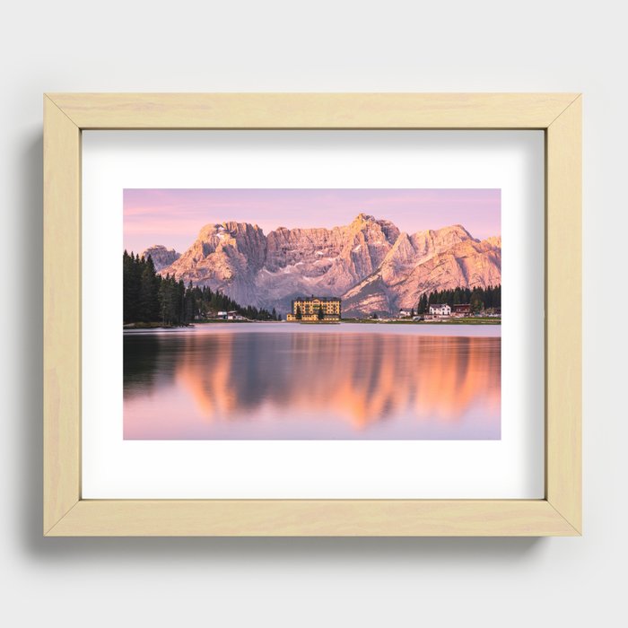 Glowing Dolomites Mountains Peaks at Sunrise over Lake Misurina in Italy Recessed Framed Print