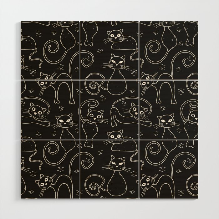 Fun black cat line art pattern Wood Wall Art