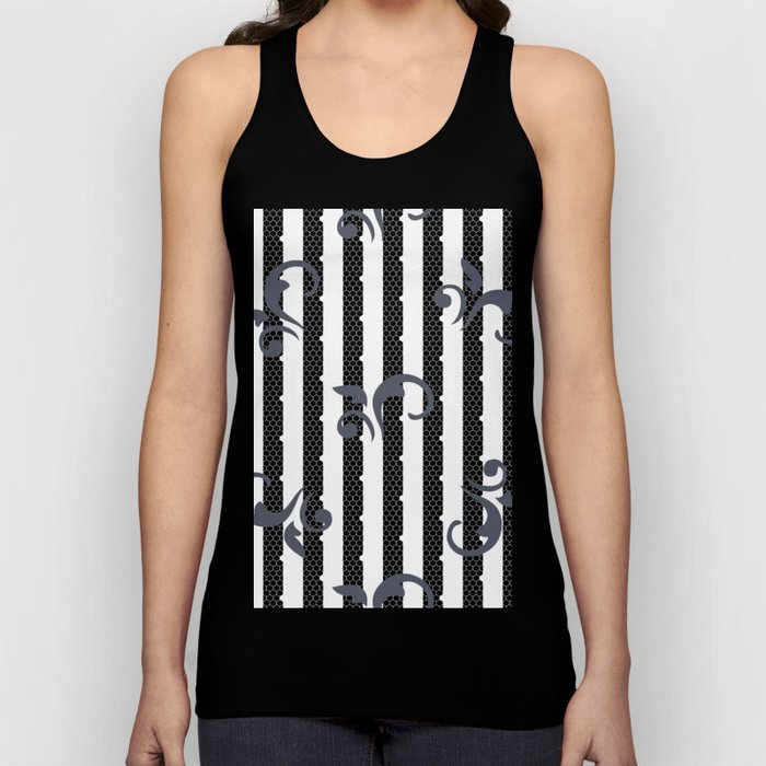 Dark Gray Lace Paisley and White Dots on Black and White Stripes Tank Top