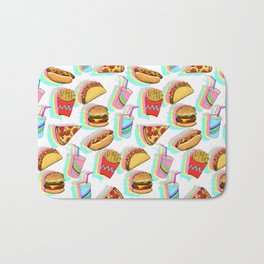 Rainbow Fast Food Bath Mat | Burger, Burgers, Curated, Yummy, Neon, Blue, Pizza, Lime, Painting, Illustration 