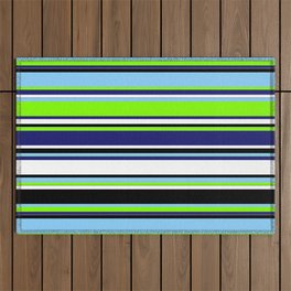 [ Thumbnail: Colorful Light Sky Blue, Chartreuse, Midnight Blue, White & Black Colored Striped/Lined Pattern Outdoor Rug ]