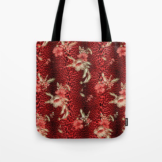 Wild Red Leopard and Flowers Tote Bag