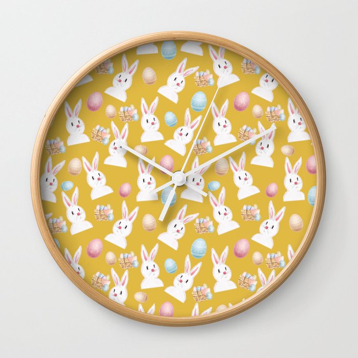 Easter Bunny And Eggs Pattern- Mustard Yellow Wall Clock