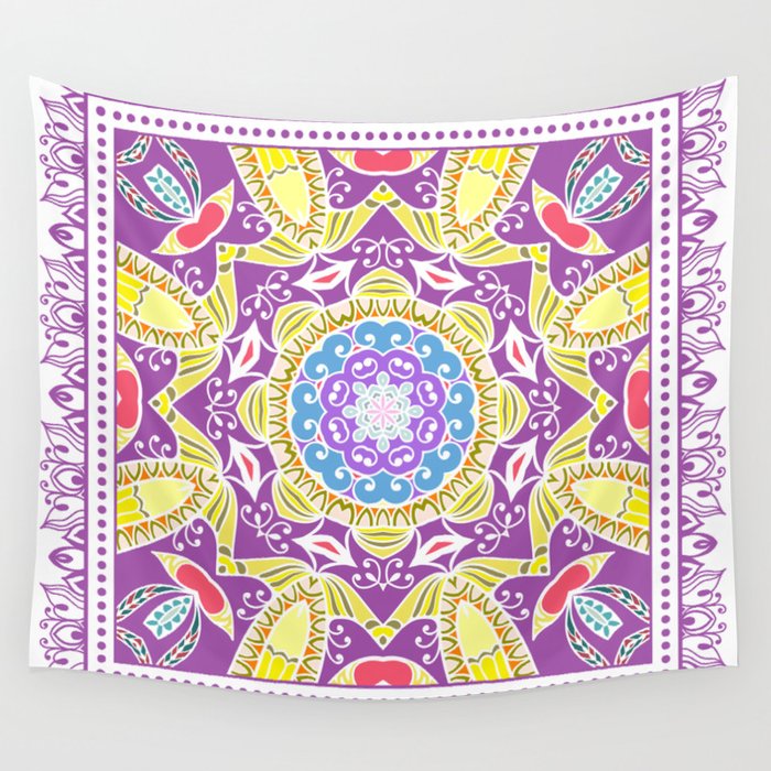 Decorative colorful ornament on white background, symmetric pattern with doodle lace frame. Tribal ethnic mandala decor. Bandana shawl, tablecloth fabric design, silk neck scarf, kerchief design Wall Tapestry