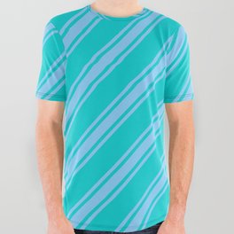 [ Thumbnail: Dark Turquoise and Light Sky Blue Colored Lined/Striped Pattern All Over Graphic Tee ]