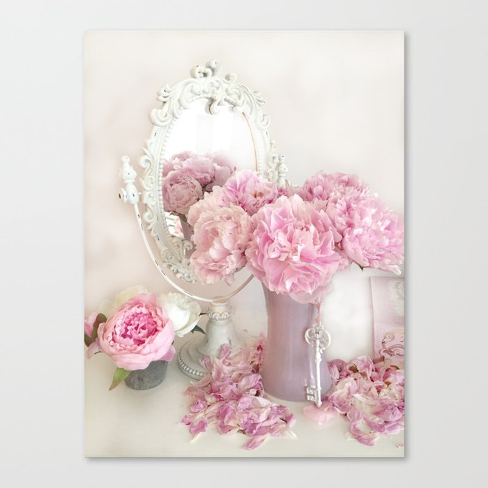 Shabby Chic Pink Peonies White Mirror Romantic Cottage Prints Home Decor Canvas Print