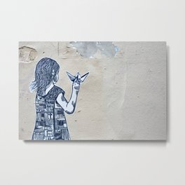 Street Art - Girl with Paper Plane Metal Print | Bookshelves, Reading, Travel, Books, Imagination, Peeling Paint, Painting, Library, Girl, Street Art 