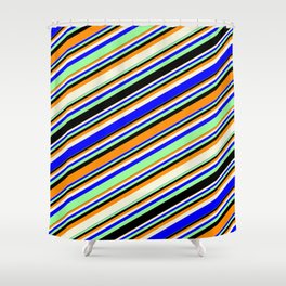 [ Thumbnail: Vibrant Dark Orange, Beige, Blue, Green, and Black Colored Lines/Stripes Pattern Shower Curtain ]