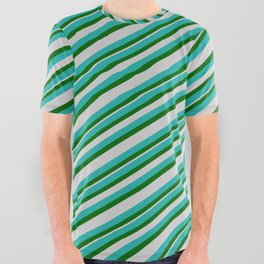 [ Thumbnail: Light Sea Green, Dark Green & Light Gray Colored Stripes Pattern All Over Graphic Tee ]