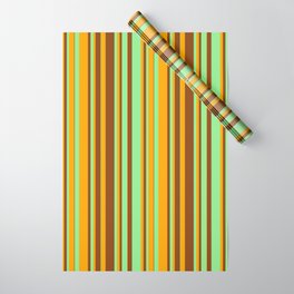 [ Thumbnail: Brown, Light Green, and Orange Colored Striped Pattern Wrapping Paper ]