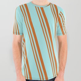 [ Thumbnail: Turquoise and Chocolate Colored Striped/Lined Pattern All Over Graphic Tee ]