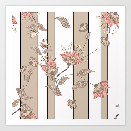 Retro . Floral pattern on a beige striped background . Art Print