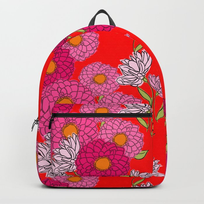 Retro Garden Mums Mid-Century Modern Floral Wallpaper Red Backpack