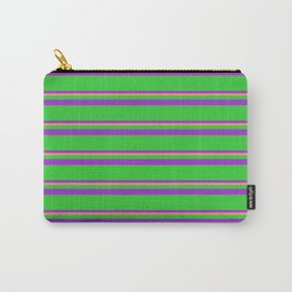 [ Thumbnail: Lime Green, Dark Orchid, and Dark Salmon Colored Lines/Stripes Pattern Carry-All Pouch ]