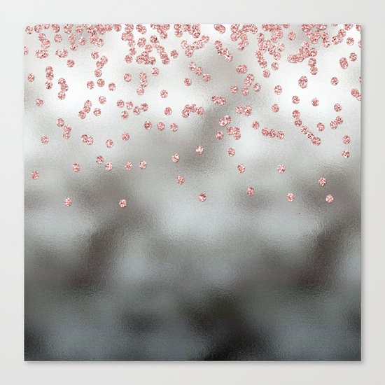 Rosegold pink glitter confetti on silver metal background Canvas Print