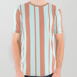 [ Thumbnail: Dark Salmon & Light Cyan Colored Lines/Stripes Pattern All Over Graphic Tee ]