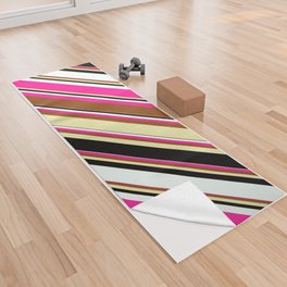 [ Thumbnail: Vibrant Brown, Pale Goldenrod, Black, Mint Cream & Deep Pink Colored Lined/Striped Pattern Yoga Towel ]
