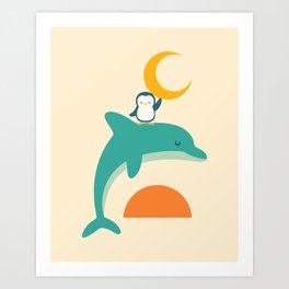 Cherish Time Art Print | Illustration, Digital, Cool, Vector, Funny, Dolphin, Lovely, Penguin, Happy, Children 