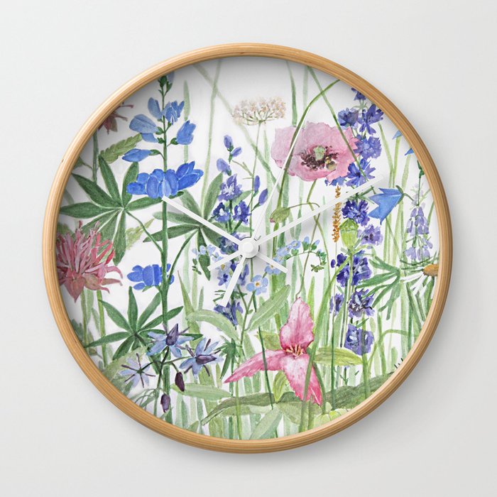 Poppy Bee Balm Trillium Watercolor Wall Clock