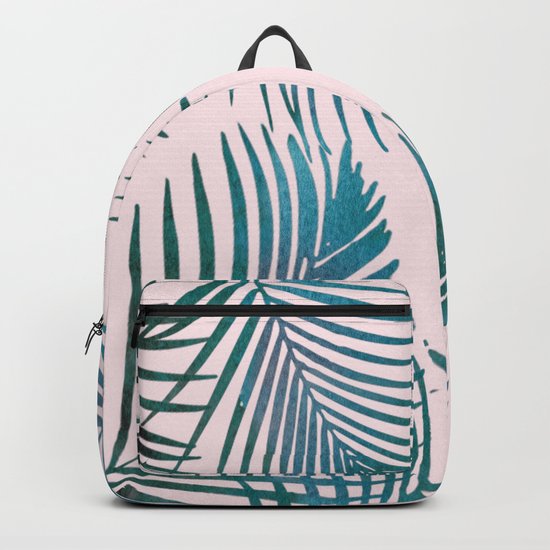 Green Palm Leaves on Light Pink Backpack