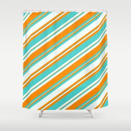 [ Thumbnail: Mint Cream, Dark Orange & Turquoise Colored Lined/Striped Pattern Shower Curtain ]