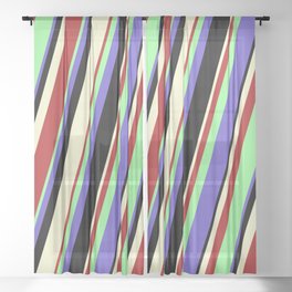 [ Thumbnail: Green, Slate Blue, Black, Light Yellow, and Red Colored Stripes Pattern Sheer Curtain ]