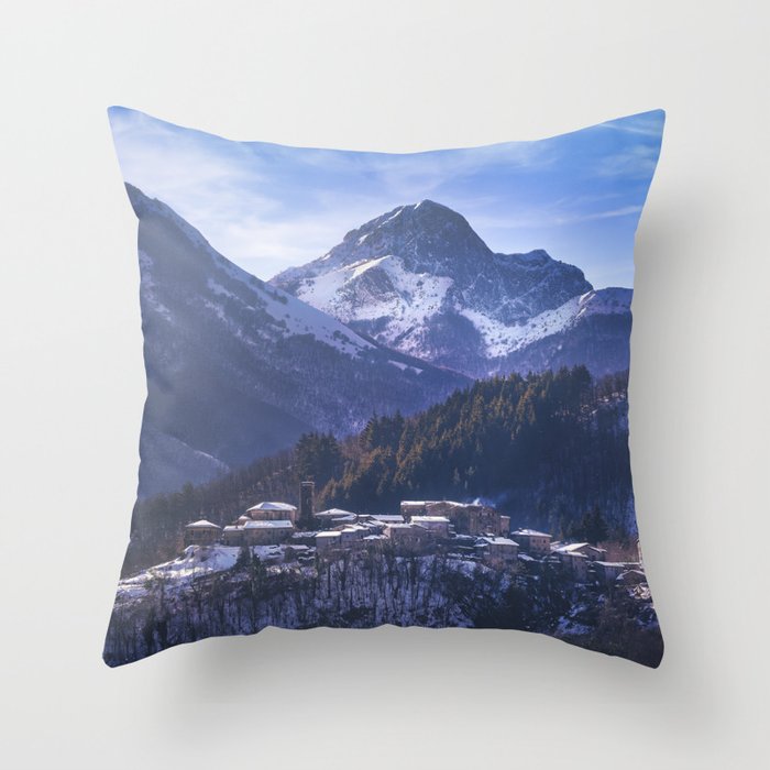 Snowy village Nicciano and Apuan mountains. Tuscany Throw Pillow