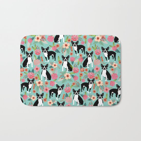 Floral Boston Terrier cute flowers spring bouquet love valentines day black and white mint dogs Bath Mat