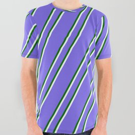 [ Thumbnail: Medium Slate Blue, Dark Green & Mint Cream Colored Lines/Stripes Pattern All Over Graphic Tee ]