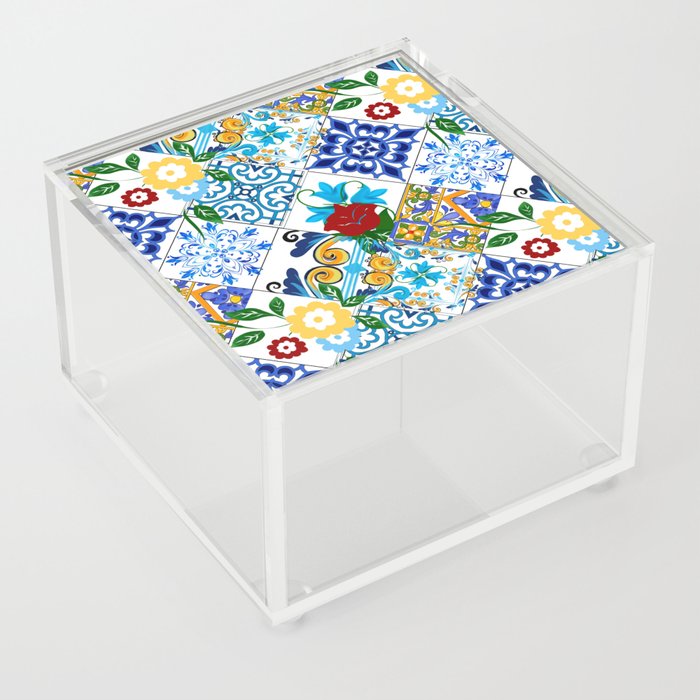 Tiles,mosaic,azulejo,quilt,Portuguese,majolica,lemons,citrus. Acrylic Box