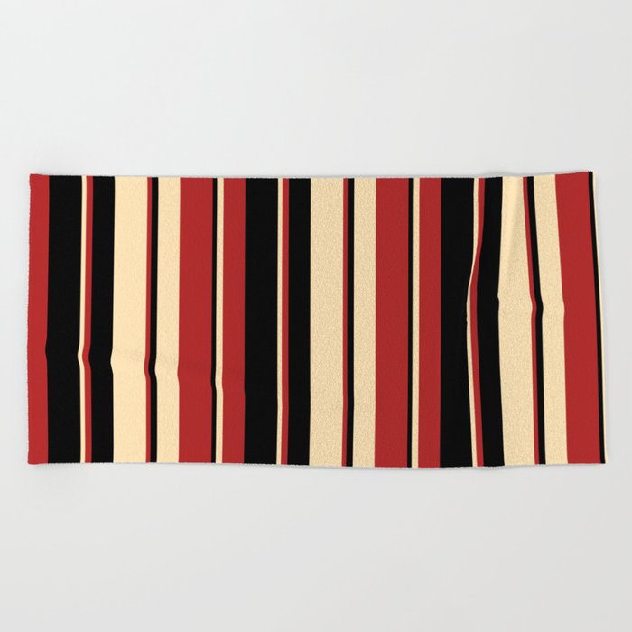 Beige, Red, and Black Colored Striped Pattern Beach Towel