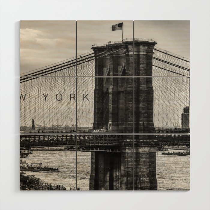 New York City Brooklyn Bridge black and white Wood Wall Art