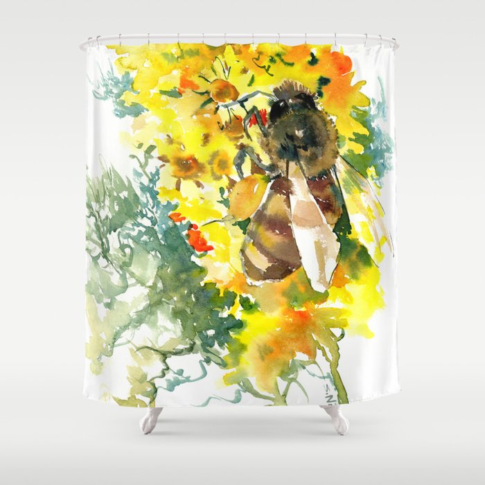 Honey Bees Collect Honey On Flower Bathroom Fabric Shower Curtain 71" With Hooks 