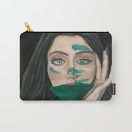 Lady in green with an enigmatic expression Carry-All Pouch | Stressed, Vibrantportrait, Ink, Oilpainting, Portrait, Beautifulwoman, Monocrhome, Femaleportrait, Painting, Skeptical 