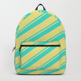[ Thumbnail: Turquoise and Tan Colored Lined/Striped Pattern Backpack ]